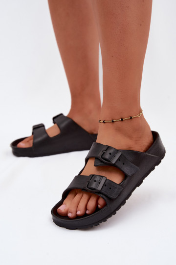 Dames lichte zwarte slippers met gespen Calico 2