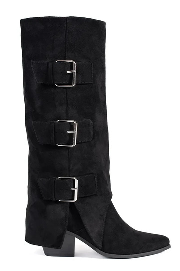 Schwarze Kunstveloursleder Stiefel mit Schnallen 2