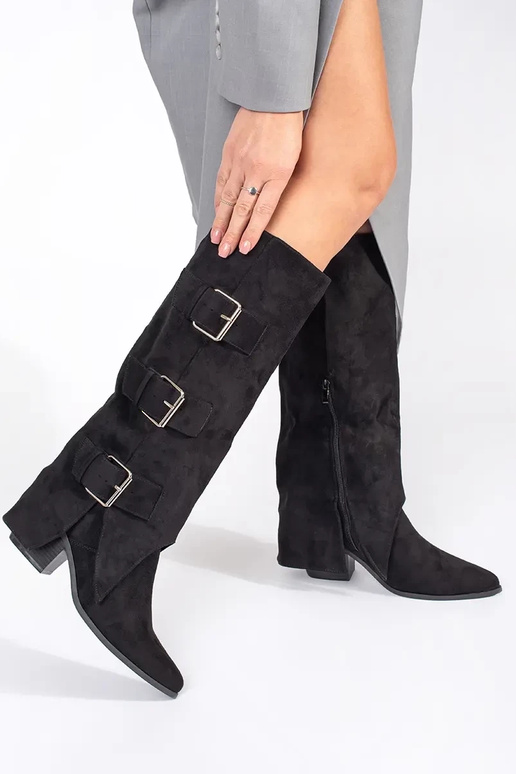 Bottes noires en daim synthétique à talon avec boucles