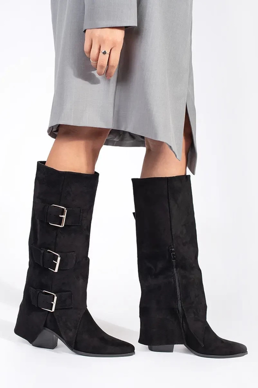 Bottes noires en daim synthétique à talon avec boucles