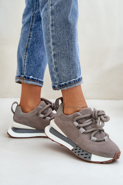 Graue Kunstveloursleder Sneakers mit Plattform und dicken Schnürsenkeln Artiker 54C1463
