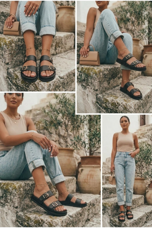 Chaussons pour femmes noirs avec boucles dorées Vilja