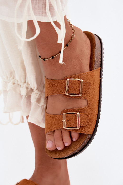 Dames bruine slippers met gespen Brigid