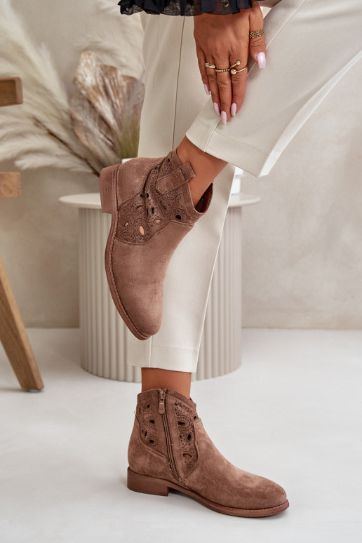 Dames enkellaarsjes met kantdetails in bruine kleur S.Barski HY42-081