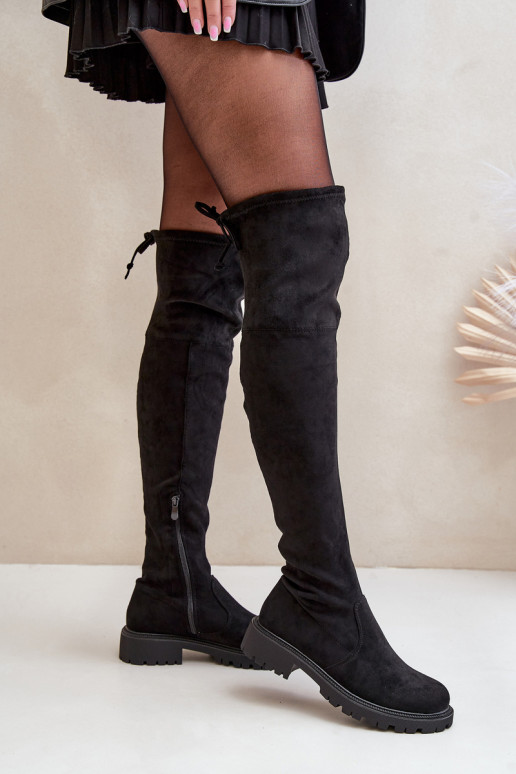 Schwarze Overknee-Stiefel mit breiten Absätzen aus Kunstveloursleder Arkelia