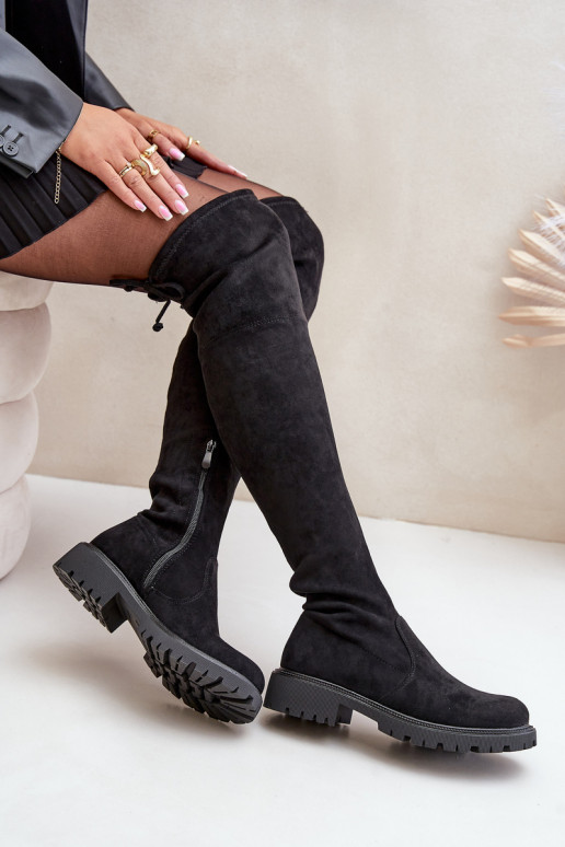 Bottes noires au-dessus du genou avec talons larges en daim synthétique Arkelia