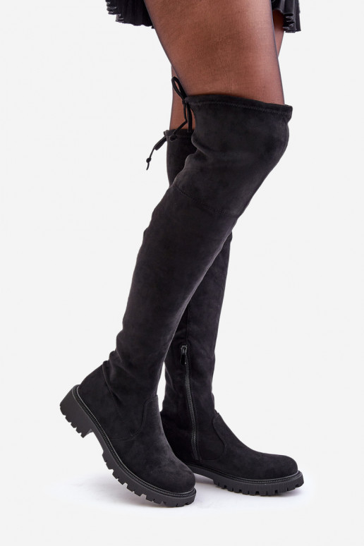 Schwarze Overknee-Stiefel mit breiten Absätzen aus Kunstveloursleder Arkelia