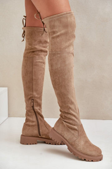 Beige laarzen tot boven de knie met brede hakken van faux suede Arkelia 2