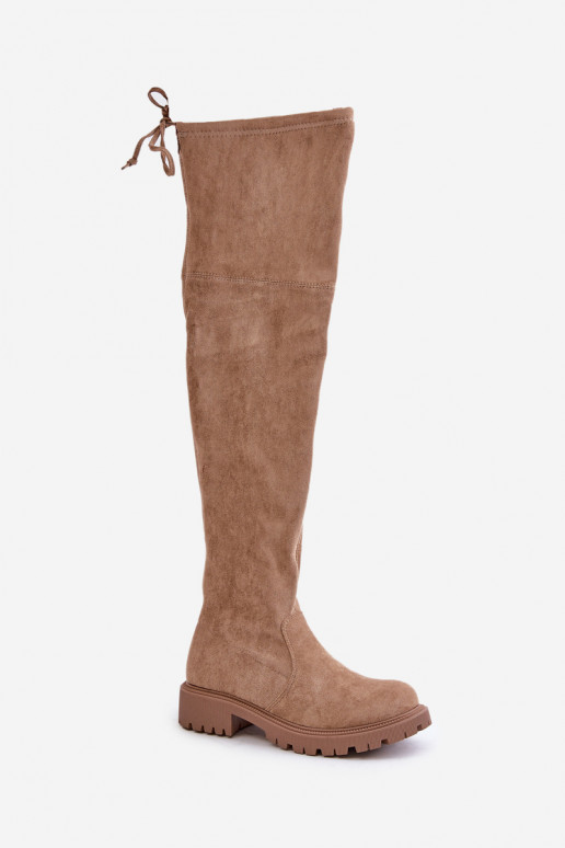 Beige laarzen tot boven de knie met brede hakken van faux suede Arkelia