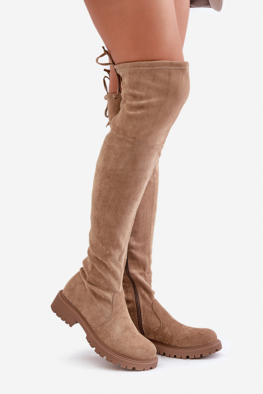 Beige Overknee-Stiefel mit breiten Absätzen aus Kunstveloursleder Arkelia