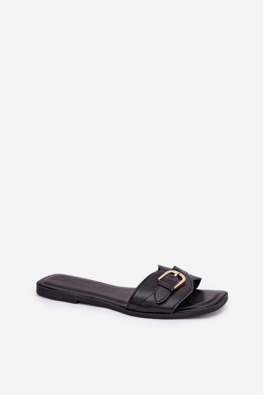 Dames slippers met platte zolen en gouden gespen in zwart Esiobb