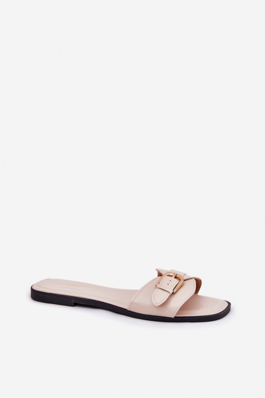 Flache Damen-Pantoletten mit goldenen Schnallen in sand Esiobb