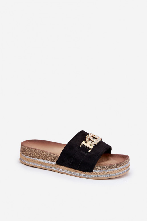 Dames slippers met details op een platform met glans in zwart Eanes