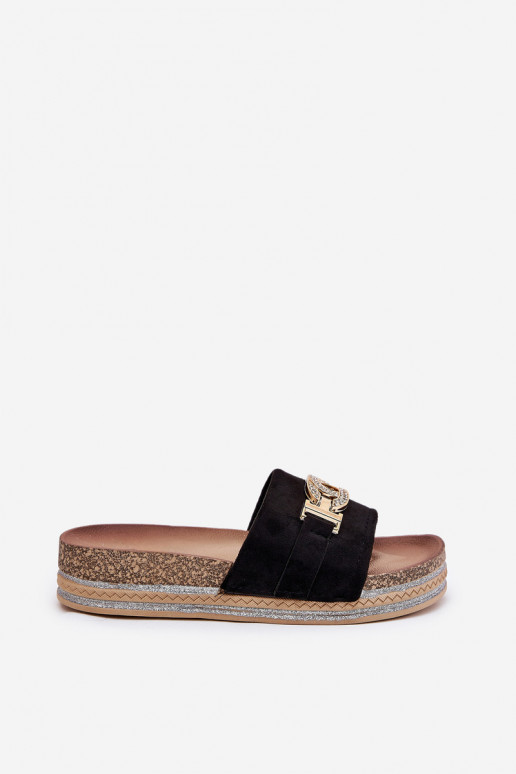 Dames slippers met details op een platform met glans in zwart Eanes