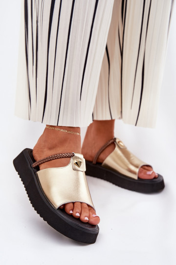 claquettes en cuir pour femmes avec plateforme et talons décorés dorés D&A MK51-475
