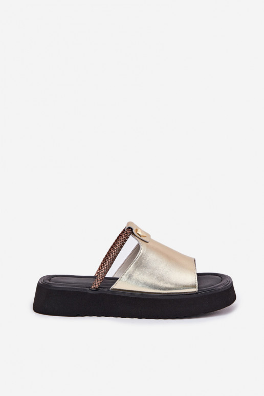 claquettes en cuir pour femmes avec plateforme et talons décorés dorés D&A MK51-475