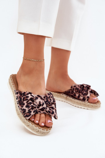 Dames platformsandalen met vlecht en strik met luipaardprint in zandkleur Alpireda
