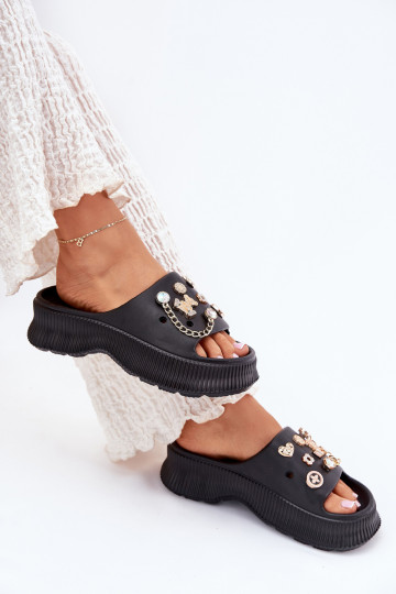 Lichte dames slippers met gouden details en clips in zwart Hortiana