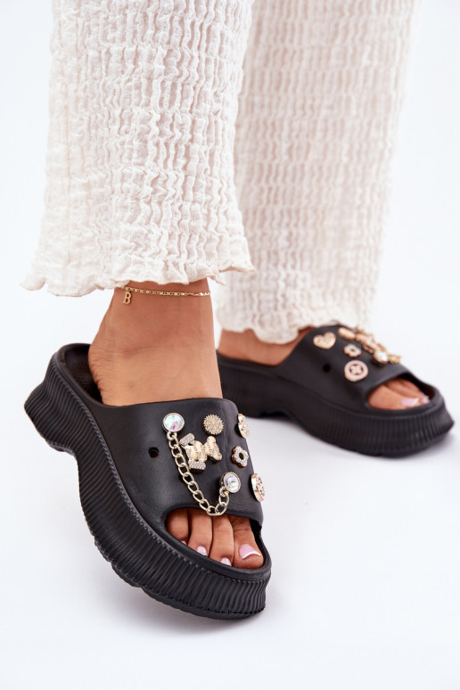 Leichte Damen-Slipper mit goldenen Details und Clips in schwarz Hortiana