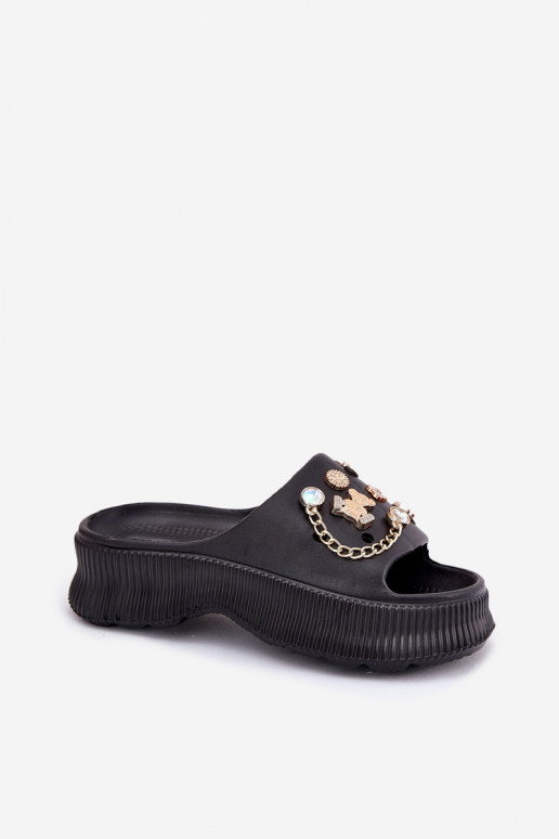 Lichte dames slippers met gouden details en clips in zwart Hortiana