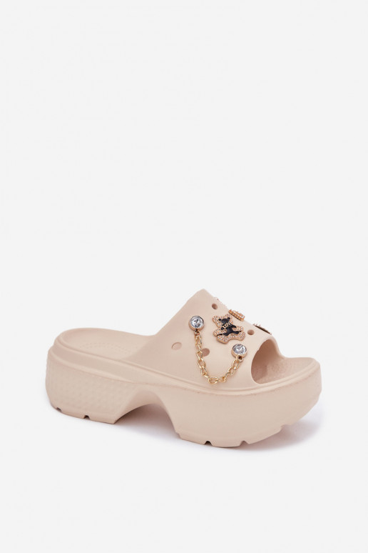 Leichte Damen-Platformsandalen mit goldenen Details und Clips in Sandfarbe Ivoriel