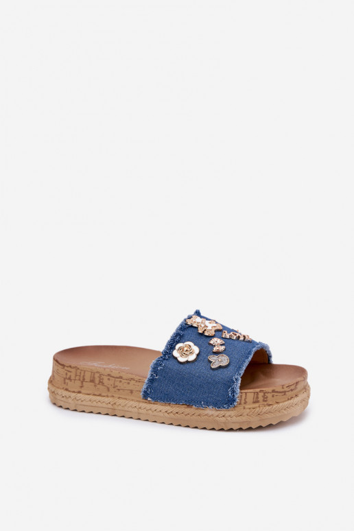 Dames gouden platformslippers in donkerblauw Rigasta
