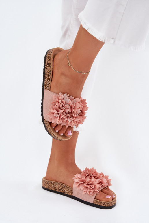 Dames slippers met kurkzool en bloemen in roze Ferenza