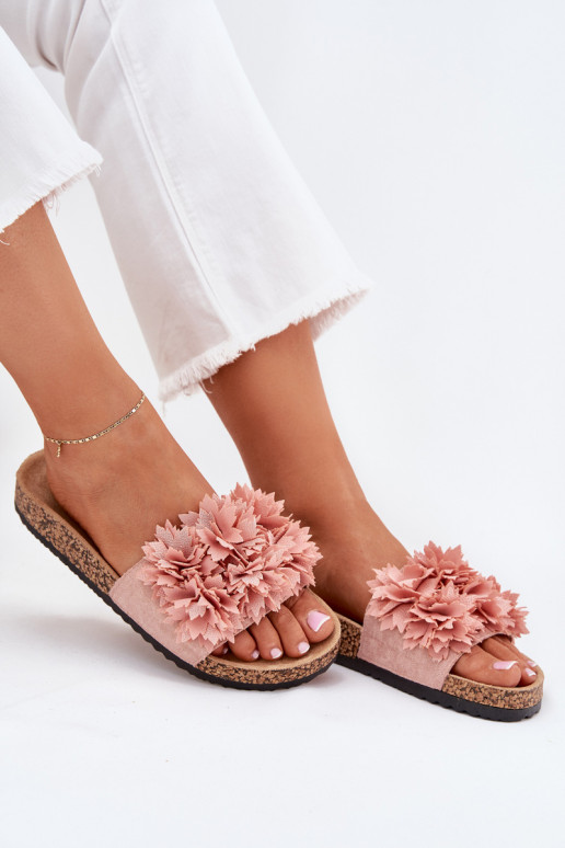 Dames slippers met kurkzool en bloemen in roze Ferenza