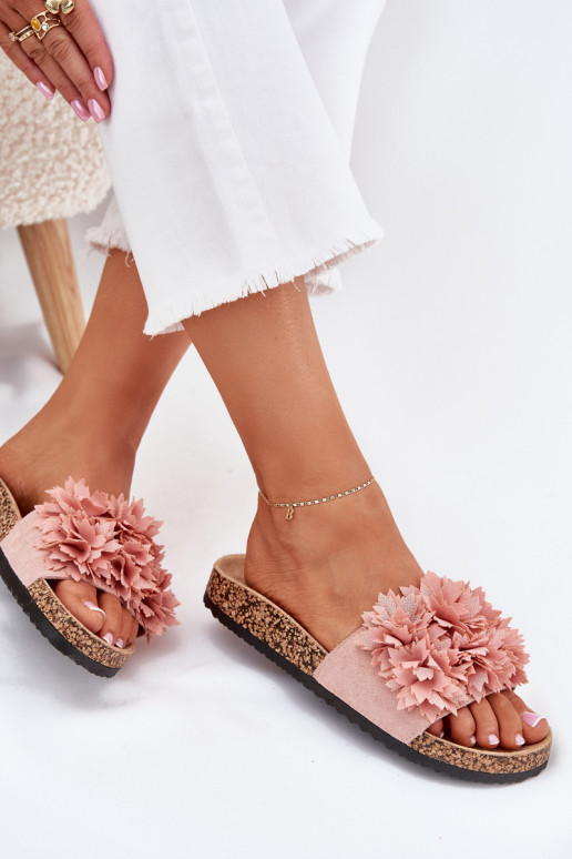 Tongs pour femmes à semelle en liège avec fleurs en rose Ferenza