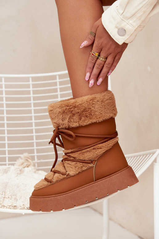 Bottes d'hiver pour femmes avec fourrure et lacets en marron Tai turirinna