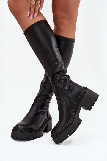 Bottes hautes pour femmes sur des talons épais et une plateforme, à enfiler, noires Florinne