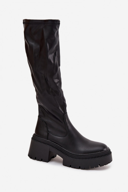 Damen-Stiefel bis zum Knie auf klobigen Absätzen und Plattform, zum Hineinschlüpfen, schwarz Florinne