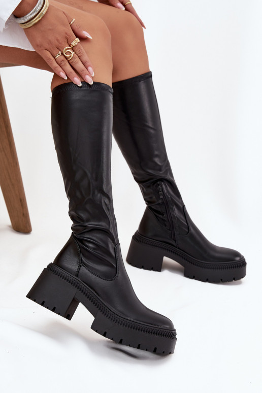 Damen-Stiefel bis zum Knie auf klobigen Absätzen und Plattform, zum Hineinschlüpfen, schwarz Florinne