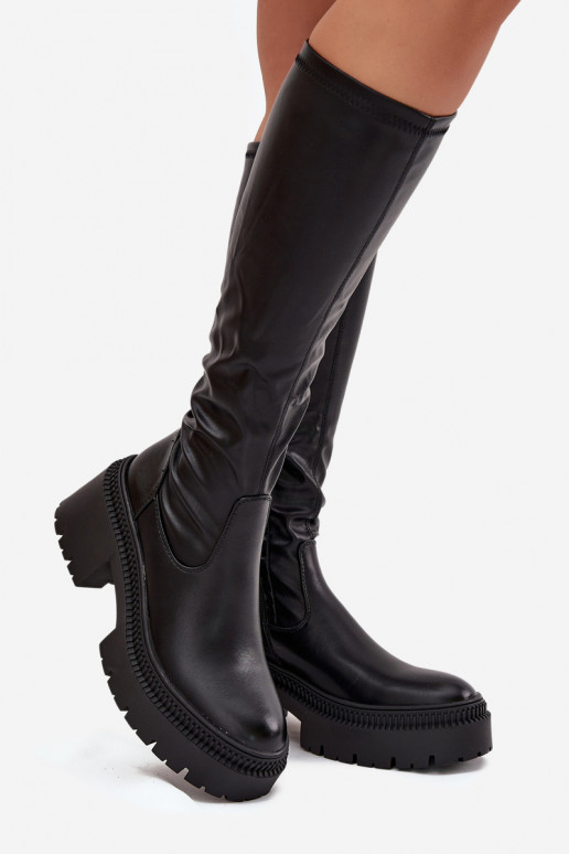 Bottes hautes pour femmes sur des talons épais et une plateforme, à enfiler, noires Florinne