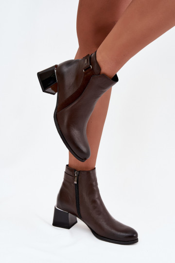 Leren warme dames enkellaarsjes met hakken, chocolade Zazoo 60563