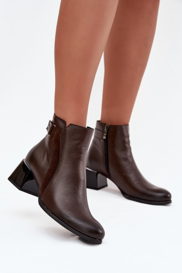 Leren warme dames enkellaarsjes met hakken, chocolade Zazoo 60563 2