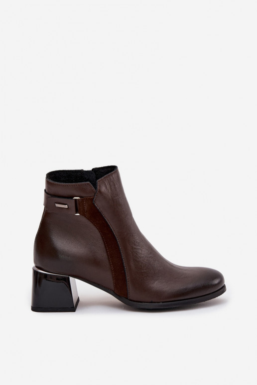 Leren warme dames enkellaarsjes met hakken, chocolade Zazoo 60563