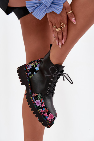 Zwarte leren warme dames enkellaarsjes met bloemen Artiker 57C0180