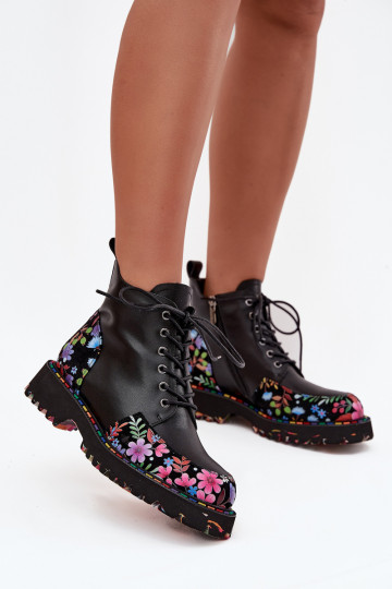 Zwarte leren warme dames enkellaarsjes met bloemen Artiker 57C0180 2