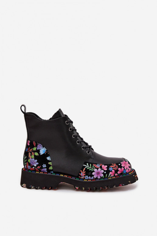 Zwarte leren warme dames enkellaarsjes met bloemen Artiker 57C0180
