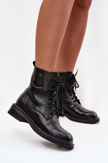 Schwarze Stiefeletten aus Kunstleder für Damen mit dekorativen Details Tai turiciejka K7180-01