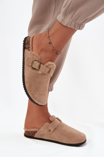 Beige warme Damen-Clogs mit Fell innen und Schnallen Sylisse