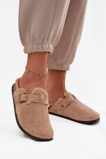 Beige warme damesklompen met bont aan de binnenkant en gespen Sylisse 2