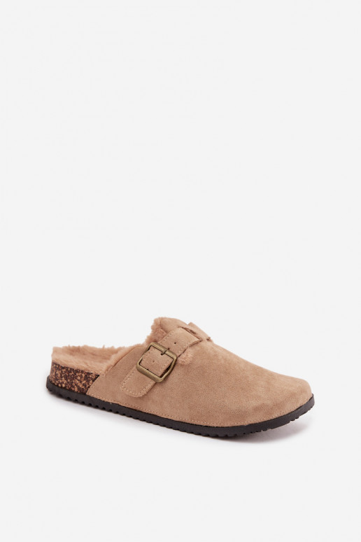 Beige warme damesklompen met bont aan de binnenkant en gespen Sylisse