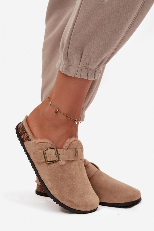 Beige warme Damen-Clogs mit Fell innen und Schnallen Sylisse