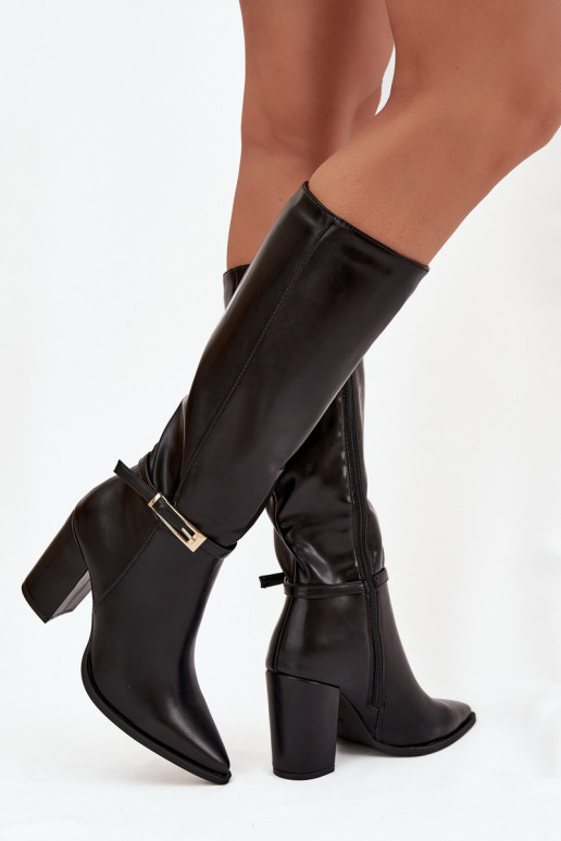 Schwarze isolierte Damenstiefel über dem Knie mit Absätzen und Schnallen Cirella