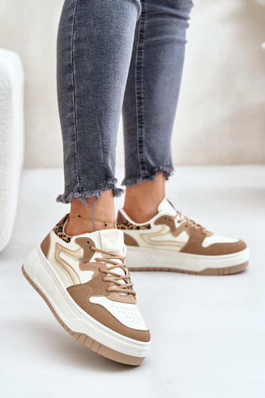 Dames sneakers van faux leather met platform en luipaardpatronen in zand Henizore
