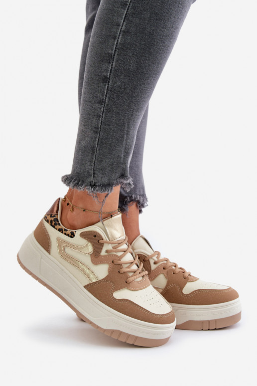 Baskets pour femmes en cuir synthétique avec plateforme et motifs léopard couleur sable Henizore