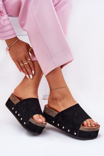 Chaussons pour femmes avec plateforme en daim synthétique noir Vinnibe