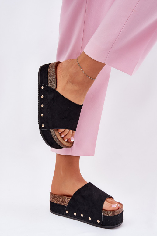 Chaussons pour femmes avec plateforme en daim synthétique noir Vinnibe